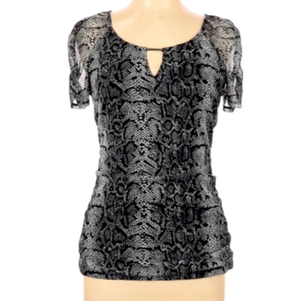 INC Snake Print Metal Keyhole Short Sleeve Top Black & Gray XL - Picture 3 of 11